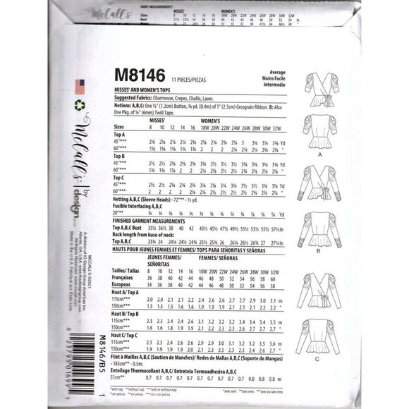 McCall's M8146 Womens 26W to 32W Wrap Peplum Tops Uncut Sewing Pattern New - Picture 2 of 2